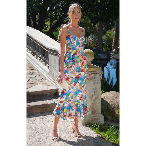 Show Me Your Mumu Pauline Peplum Dress in Blissful Garden Gala L - Picture 2 of 9